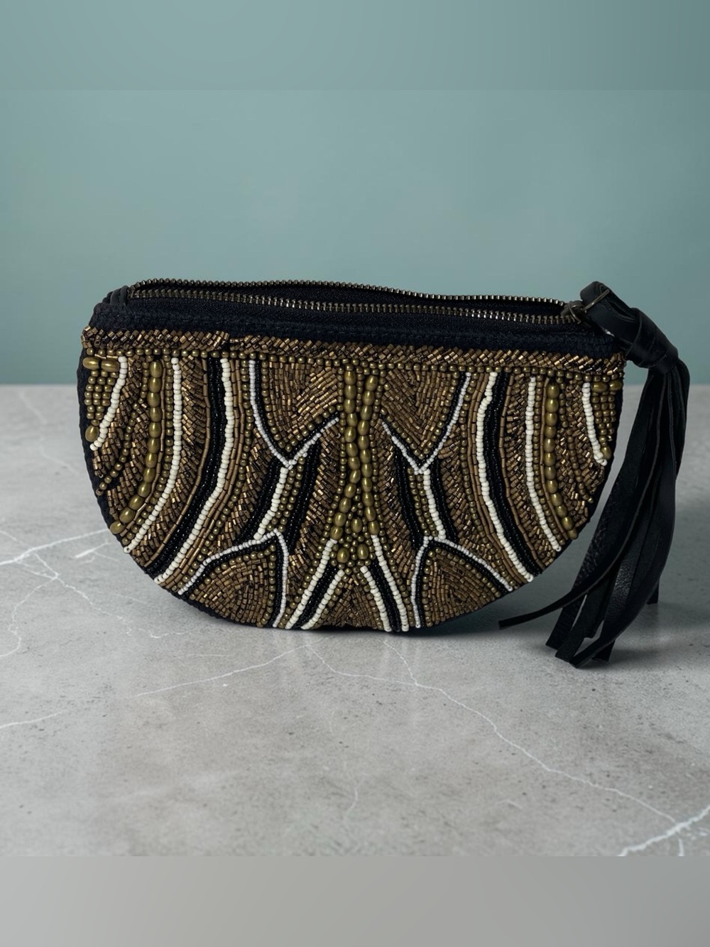Anthropologie Jasper & Jeera Brass Black Copper Beaded Pouch Bag Purse Clutch